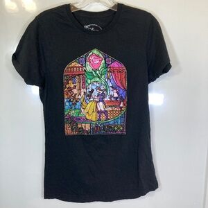 Disney Beauty and the Beast Black Shirt Sz XL Juniors Short Sleeve Stained Glass